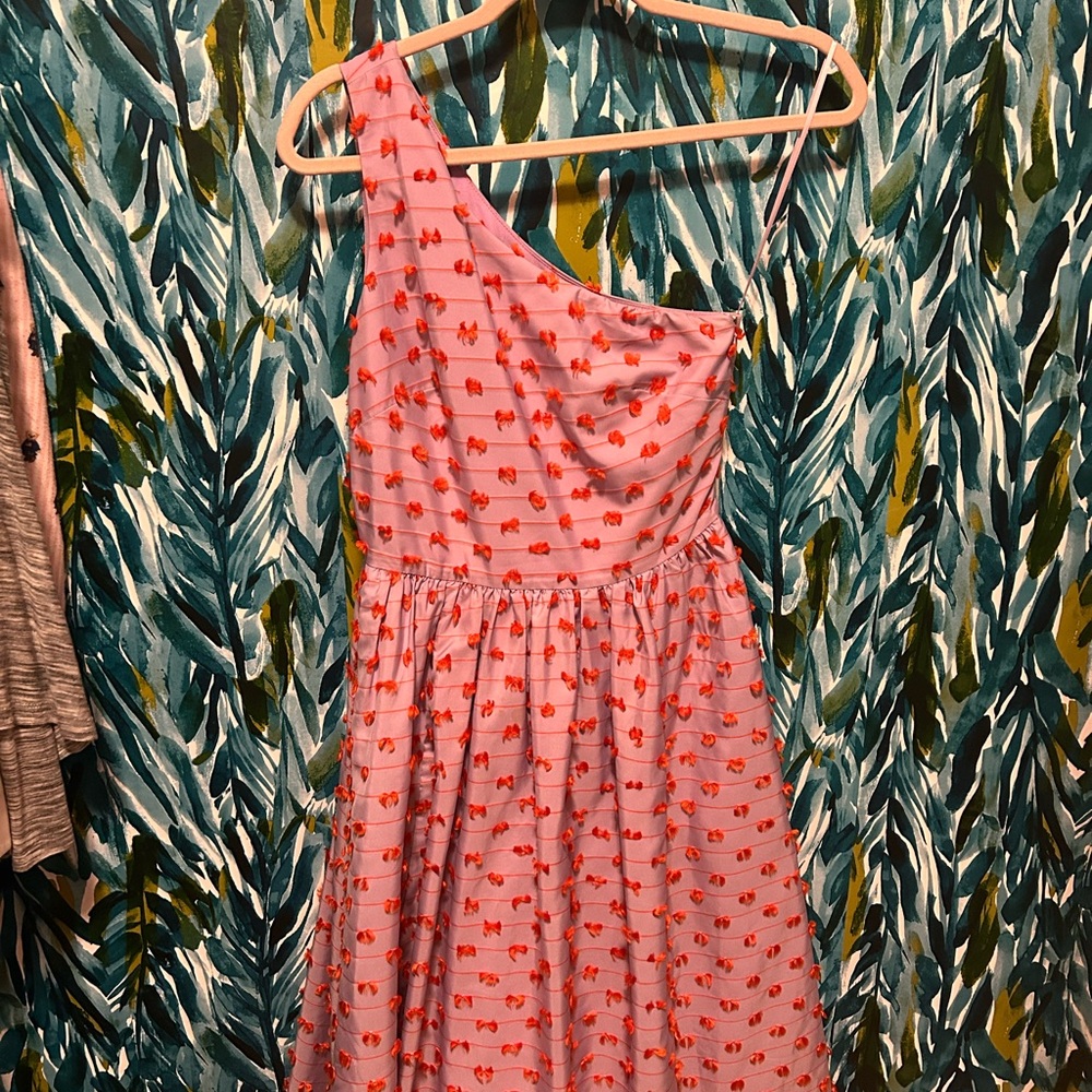J. Crew Pink One-Shoulder Dress with Red Bow Print